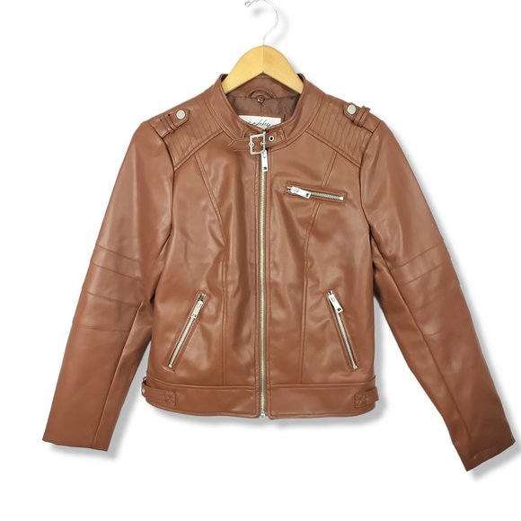 Sebby Brown Faux Leather Zip-up Moto Jacket Size Medium - Picture 1 of 7